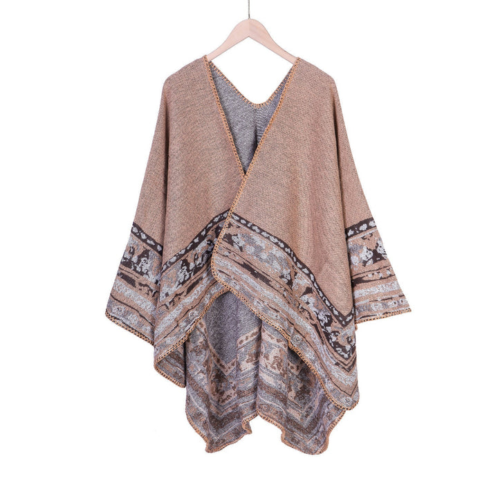 Dam mjuk-Falling Oversize Ruana i Cloak stil med Ornamental Border