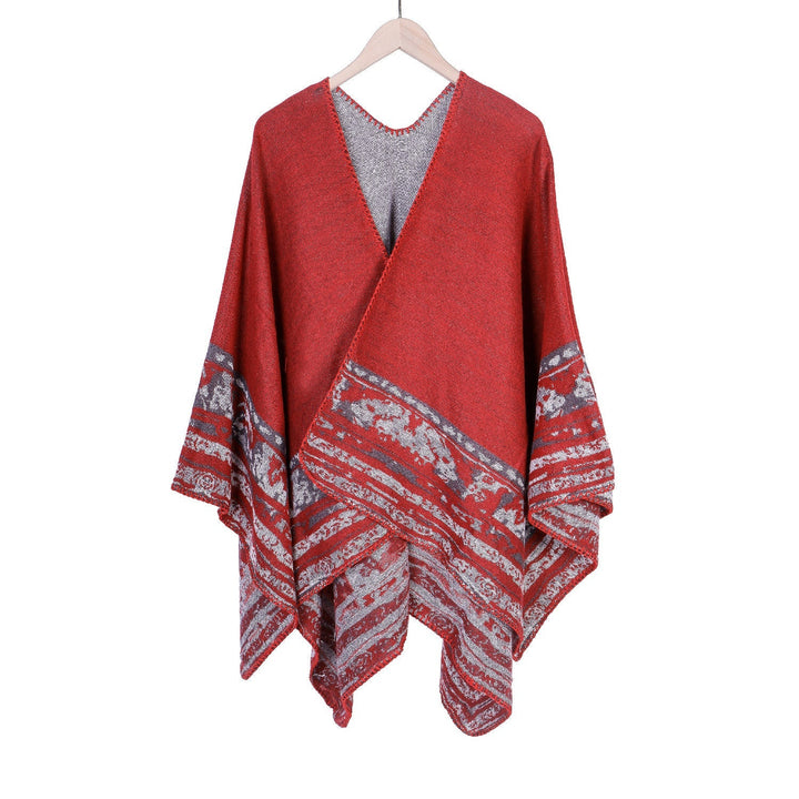 Dam mjuk-Falling Oversize Ruana i Cloak stil med Ornamental Border