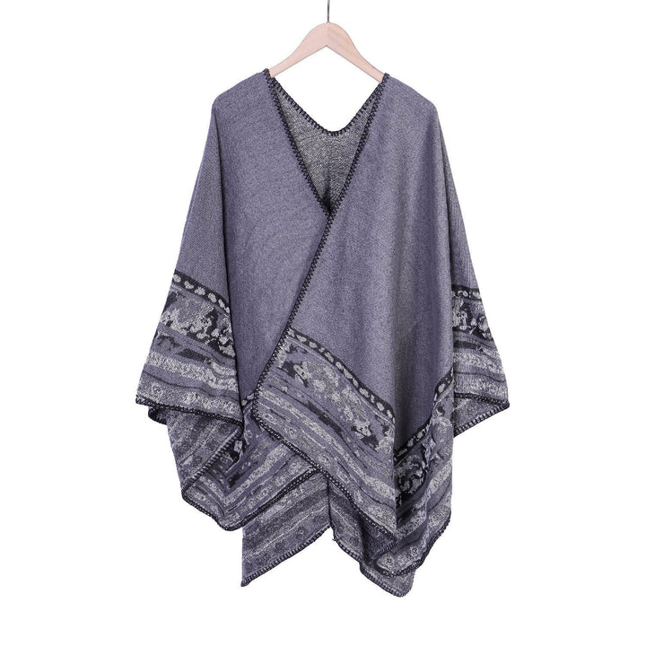 Dam mjuk-Falling Oversize Ruana i Cloak stil med Ornamental Border