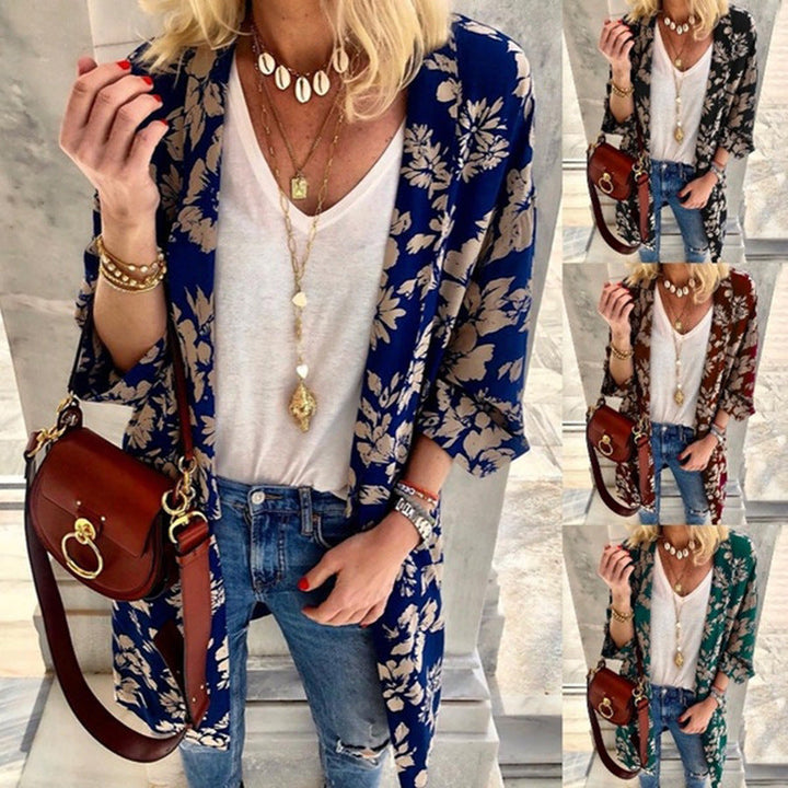 Dam Longer Lighter Kimono Kofta med Blommig Tryck och 3/4 Ärmar