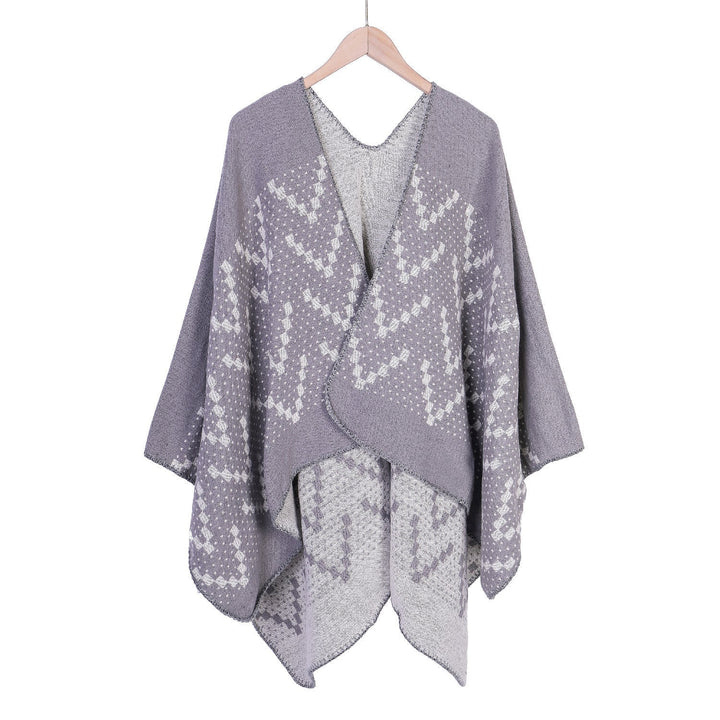Dam jacquard wrap ruana med geometric mönster och open kimono silhuett