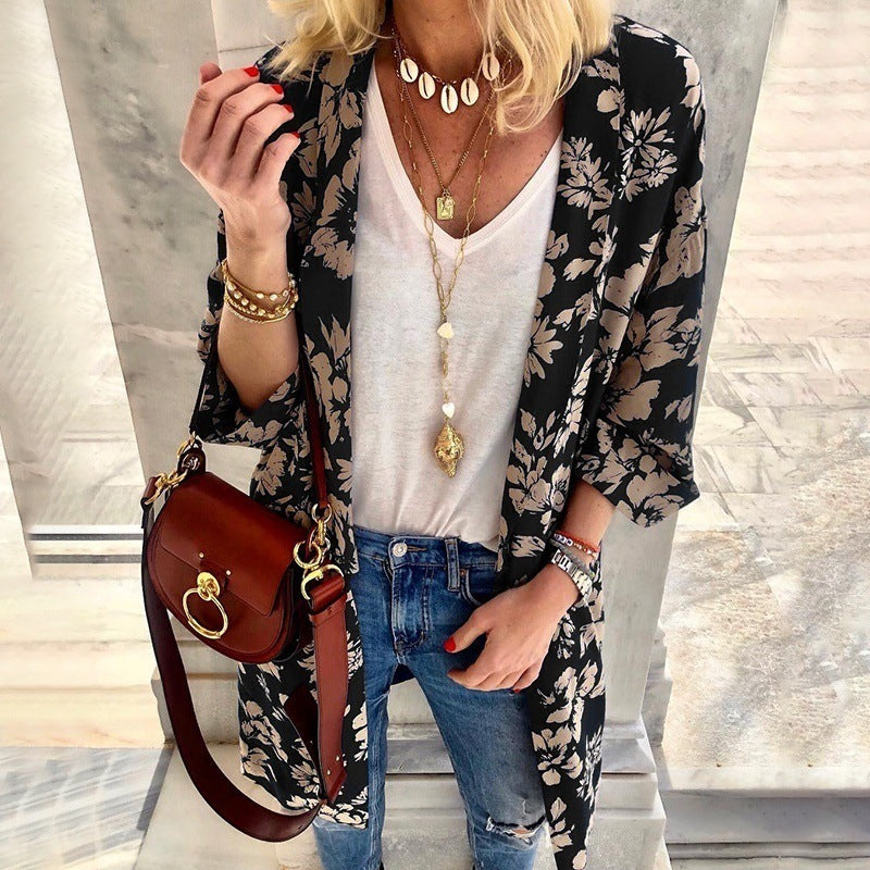 Dam Longer Lighter Kimono Kofta med Blommig Tryck och 3/4 Ärmar
