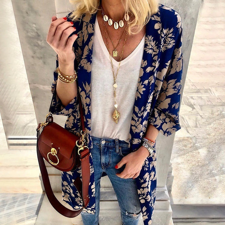 Dam Longer Lighter Kimono Kofta med Blommig Tryck och 3/4 Ärmar
