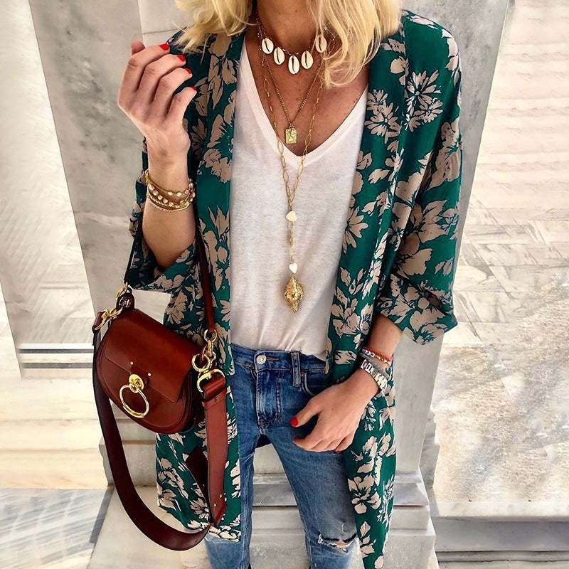 Dam Longer Lighter Kimono Kofta med Blommig Tryck och 3/4 Ärmar