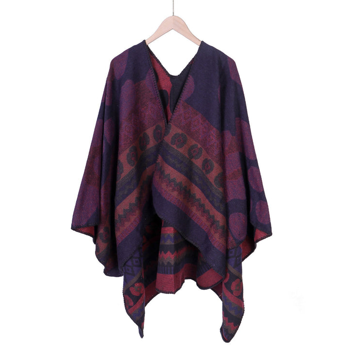 Dam Jacquard Ruana poncho med Ethno Jacquard och open oversized fall