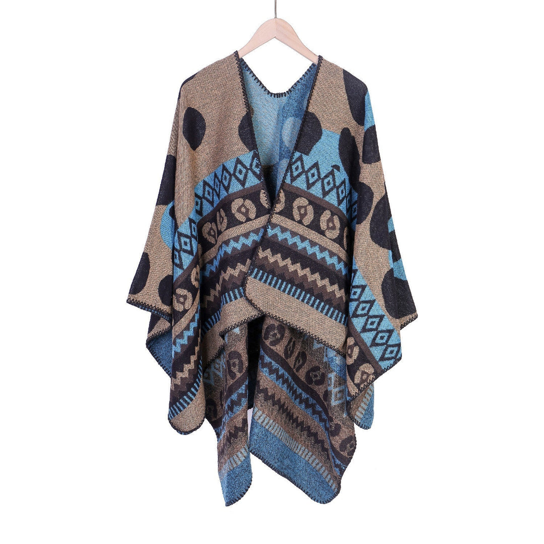 Dam Jacquard Ruana poncho med Ethno Jacquard och open oversized fall