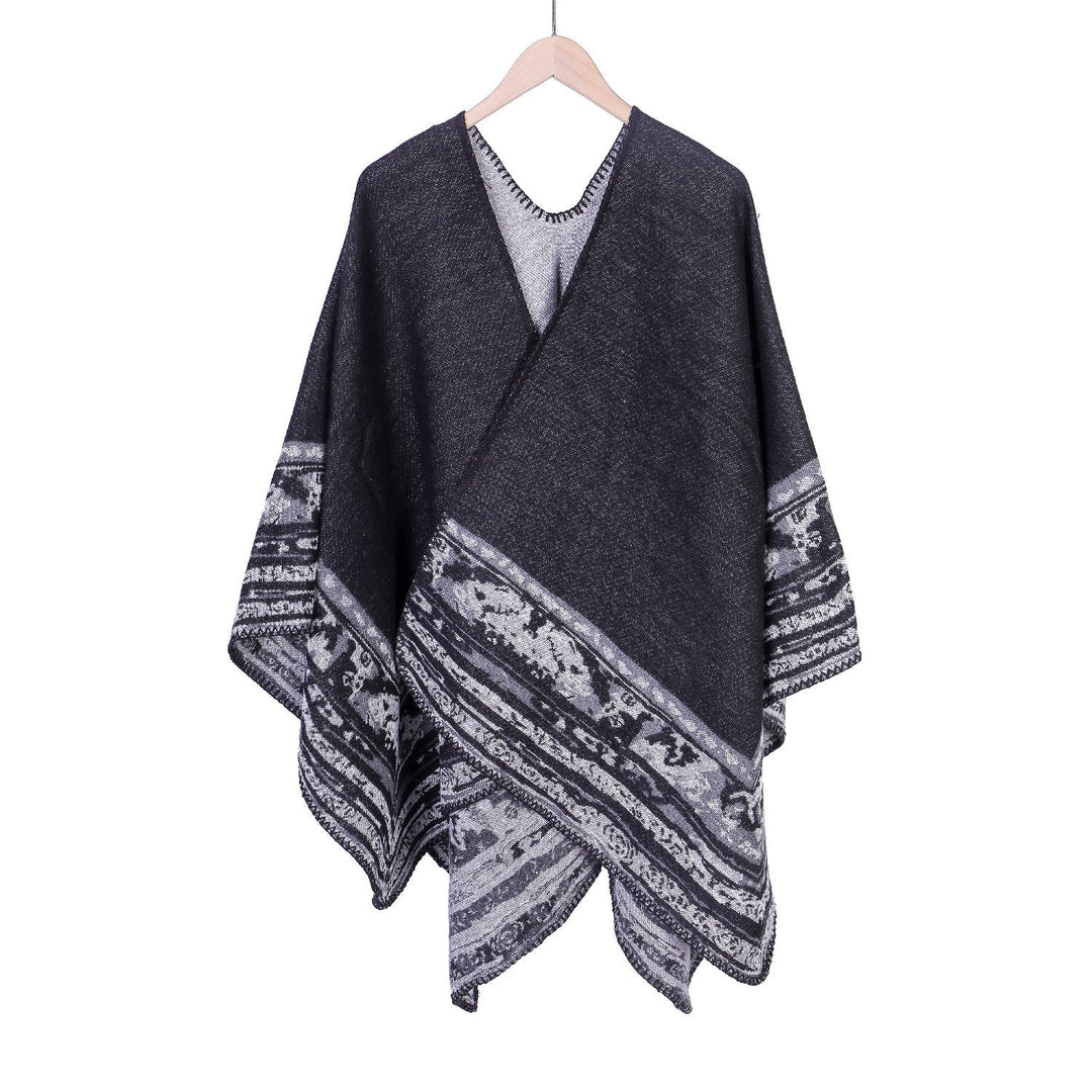 Dam mjuk-Falling Oversize Ruana i Cloak stil med Ornamental Border
