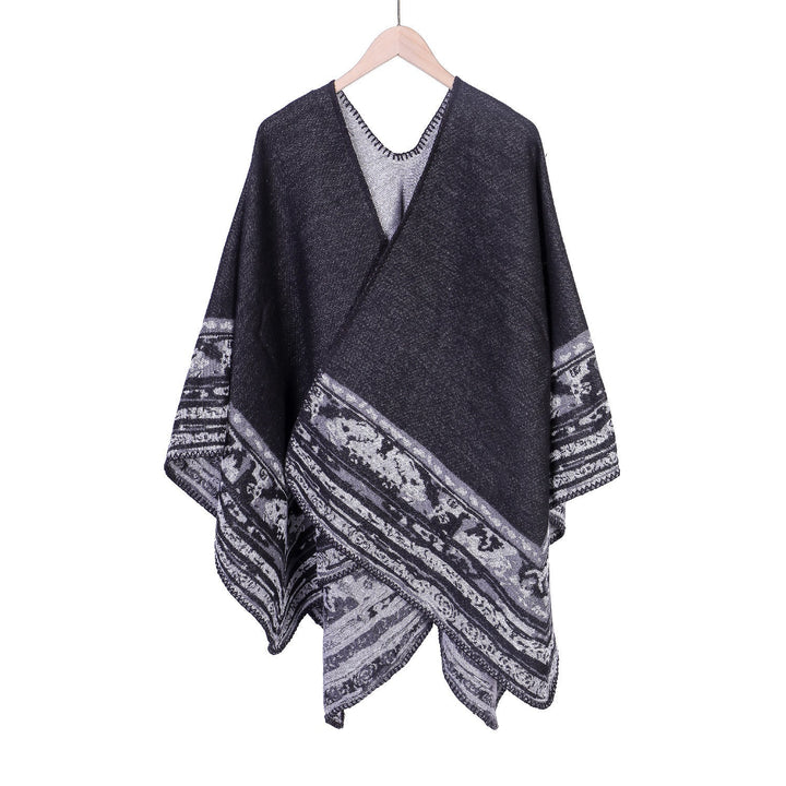 Dam mjuk-Falling Oversize Ruana i Cloak stil med Ornamental Border