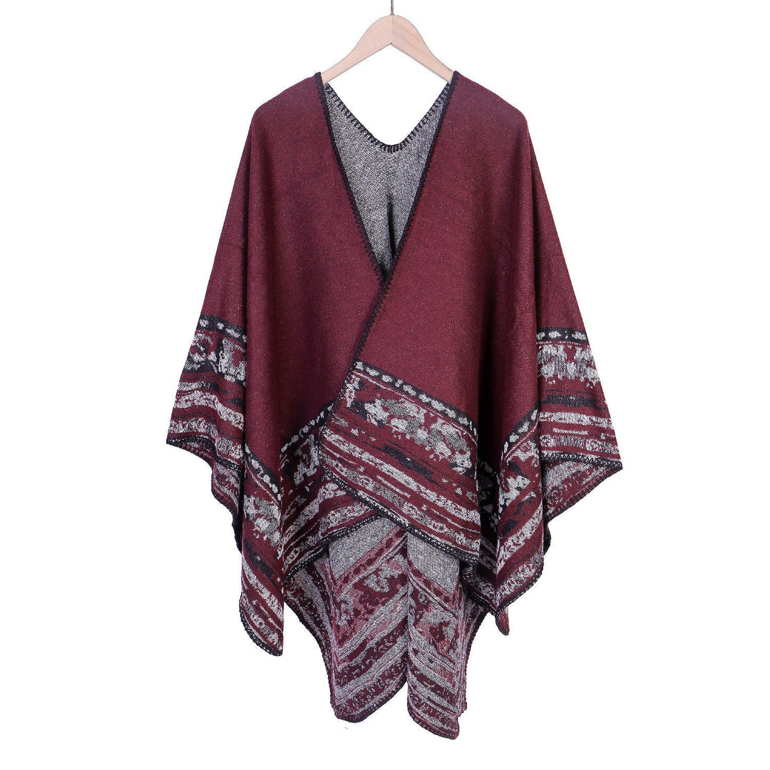 Dam mjuk-Falling Oversize Ruana i Cloak stil med Ornamental Border