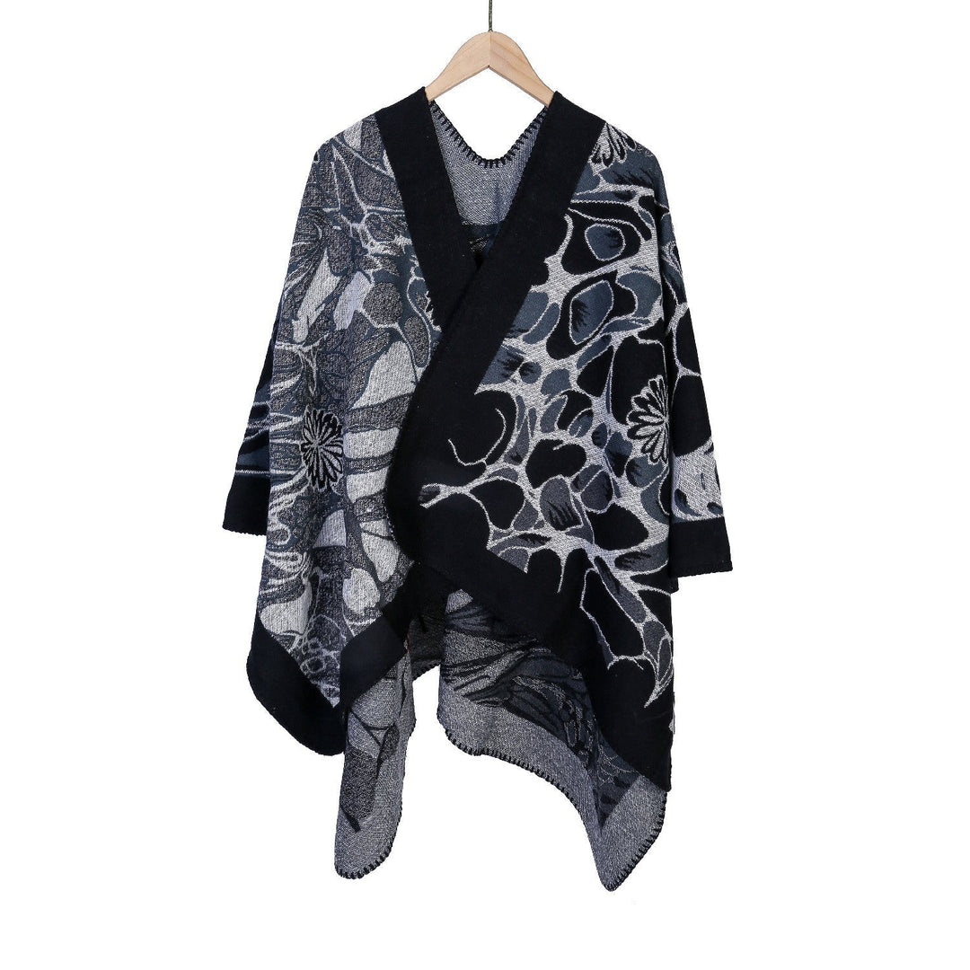 Dam Jacquard Ruana poncho med kontrasterande sjalkrage och asymmetrical pointed fåll