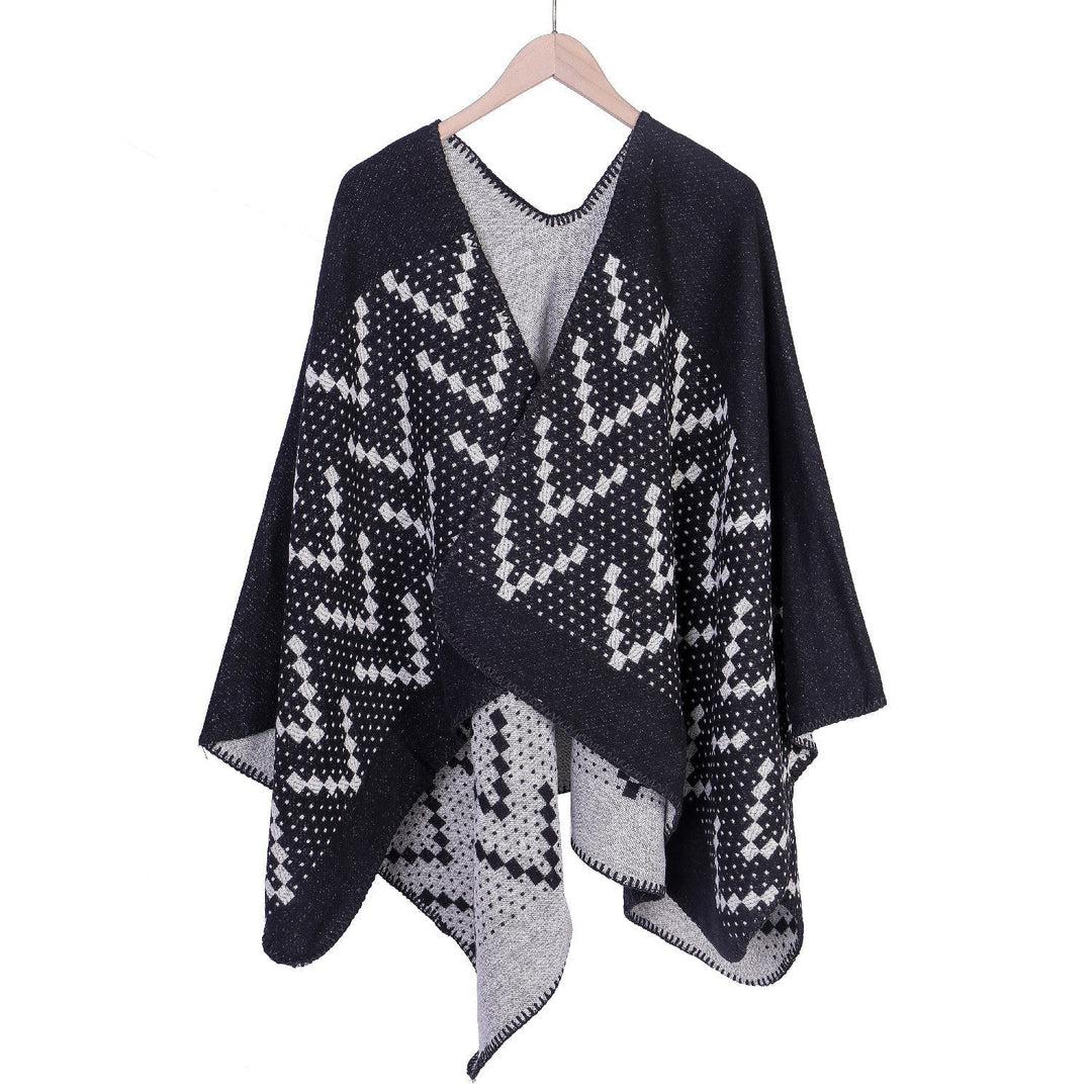 Dam jacquard wrap ruana med geometric mönster och open kimono silhuett