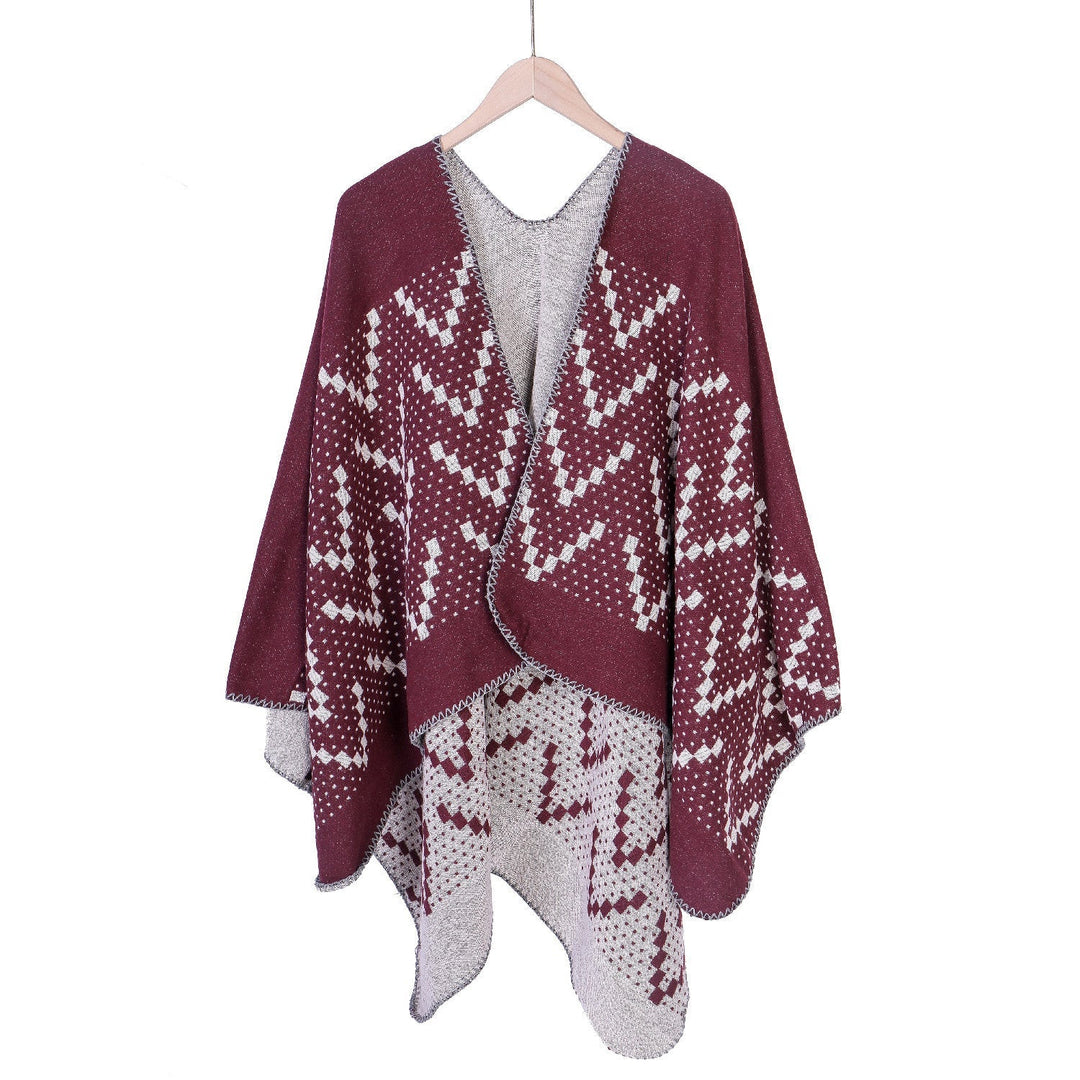 Dam jacquard wrap ruana med geometric mönster och open kimono silhuett