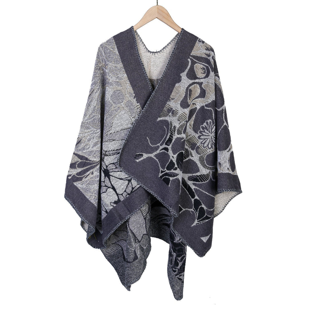 Dam Jacquard Ruana poncho med kontrasterande sjalkrage och asymmetrical pointed fåll