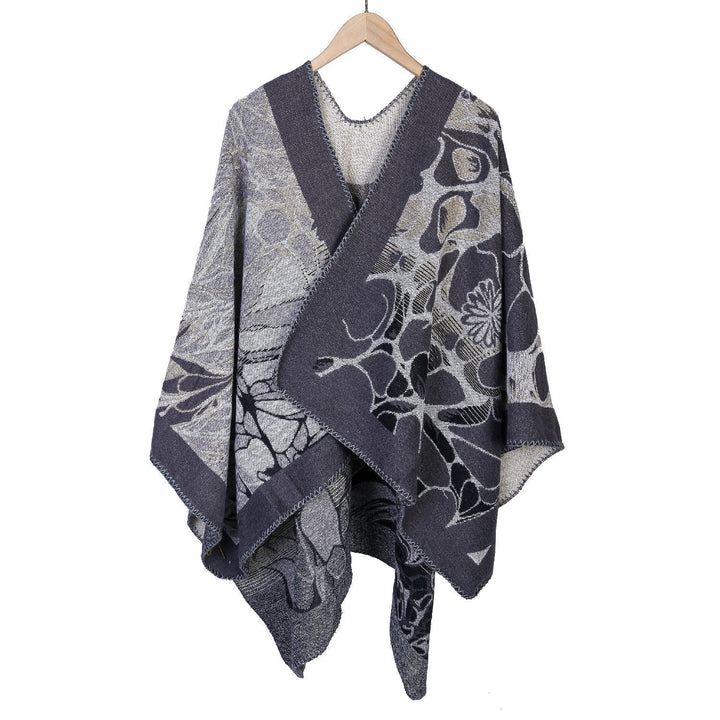 Dam Jacquard Ruana poncho med kontrasterande sjalkrage och asymmetrical pointed fåll