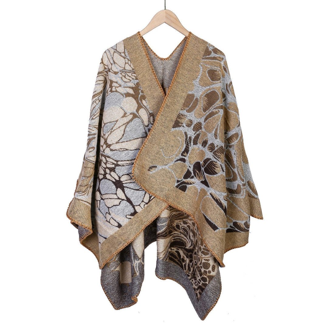 Dam Jacquard Ruana poncho med kontrasterande sjalkrage och asymmetrical pointed fåll