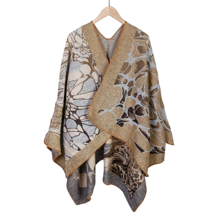 Dam Jacquard Ruana poncho med kontrasterande sjalkrage och asymmetrical pointed fåll