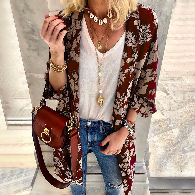Dam Longer Lighter Kimono Kofta med Blommig Tryck och 3/4 Ärmar
