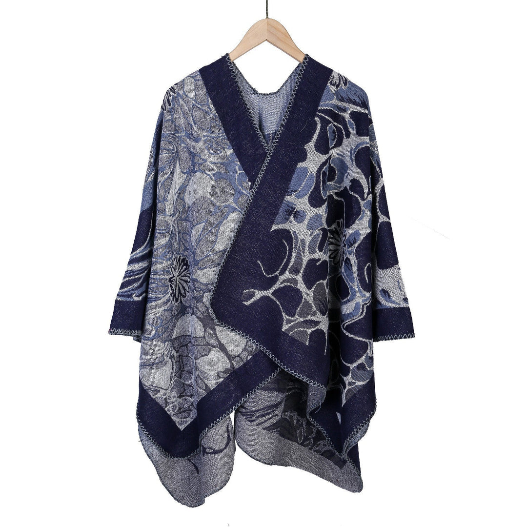 Dam Jacquard Ruana poncho med kontrasterande sjalkrage och asymmetrical pointed fåll