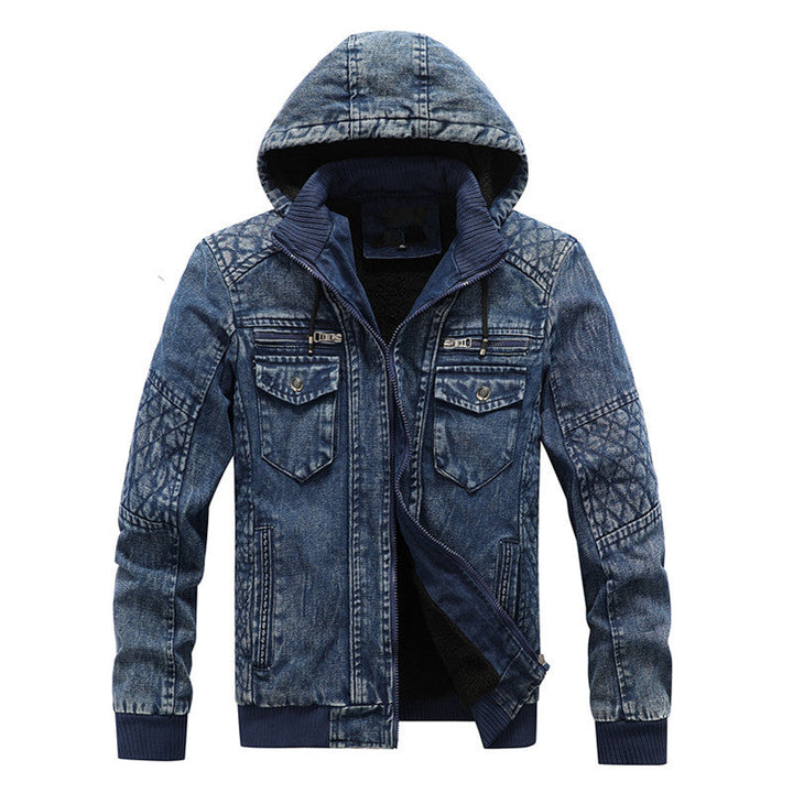 Herr denimjacka med huva och teddyfoder i washed vintage look