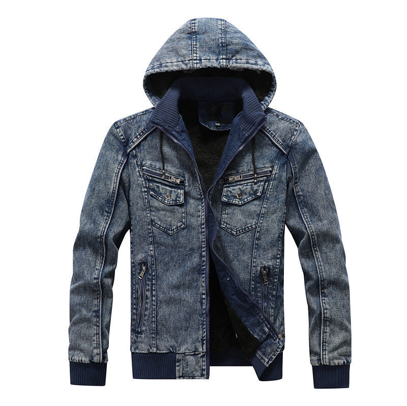 Herr Funktion denimjacka med huva och Värmande teddyfoder