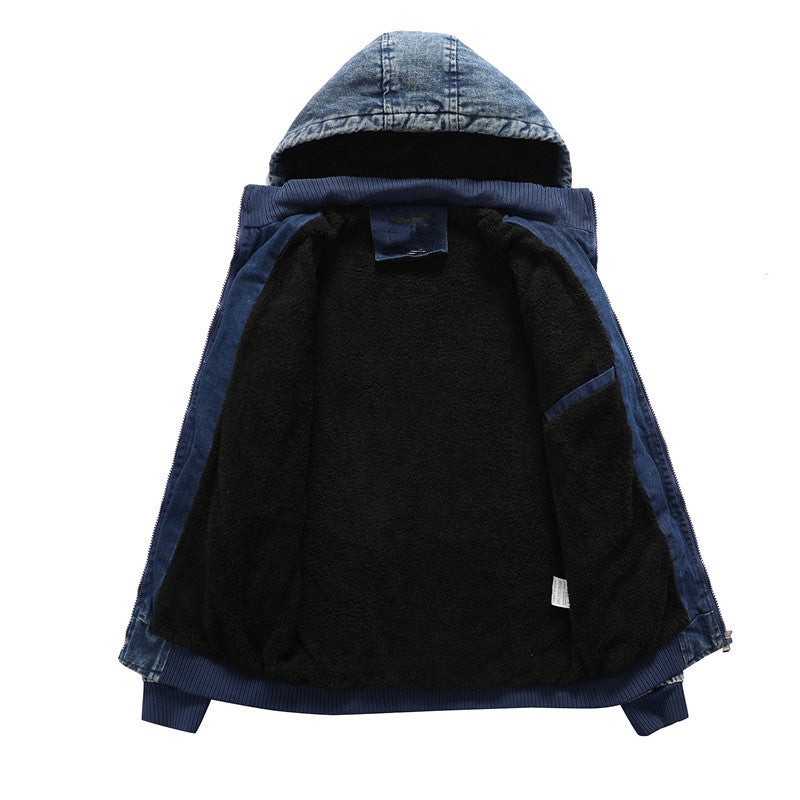 Herr denimjacka med huva och teddyfoder i washed vintage look