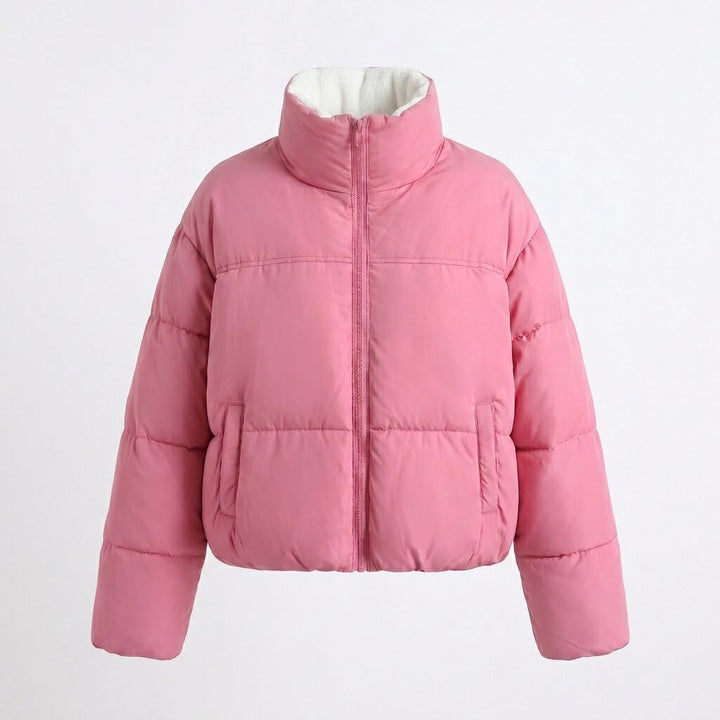 Dam Kort Vadderad Boxig Puffer med Two-Layer Stå Krage och Dold Dragkedja Knäppning