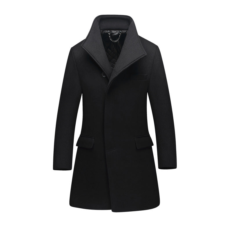Herr Smal Ull Blandning Overcoat med Hög Ståkrage och Quiltad Termisk Foder
