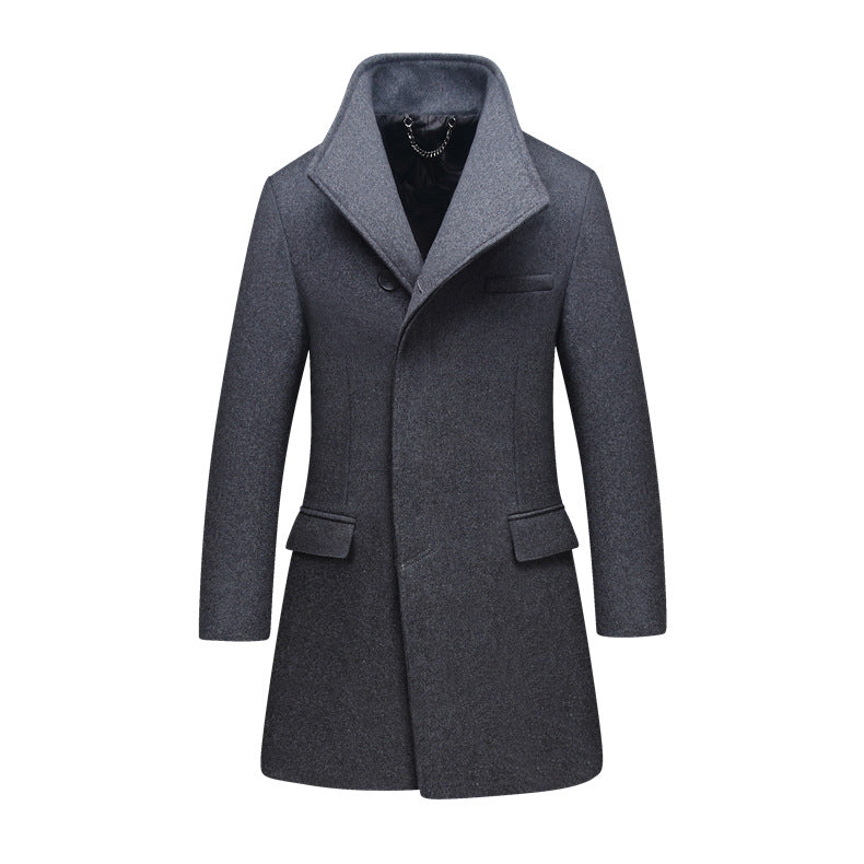 Herr Smal Ull Blandning Overcoat med Hög Ståkrage och Quiltad Termisk Foder
