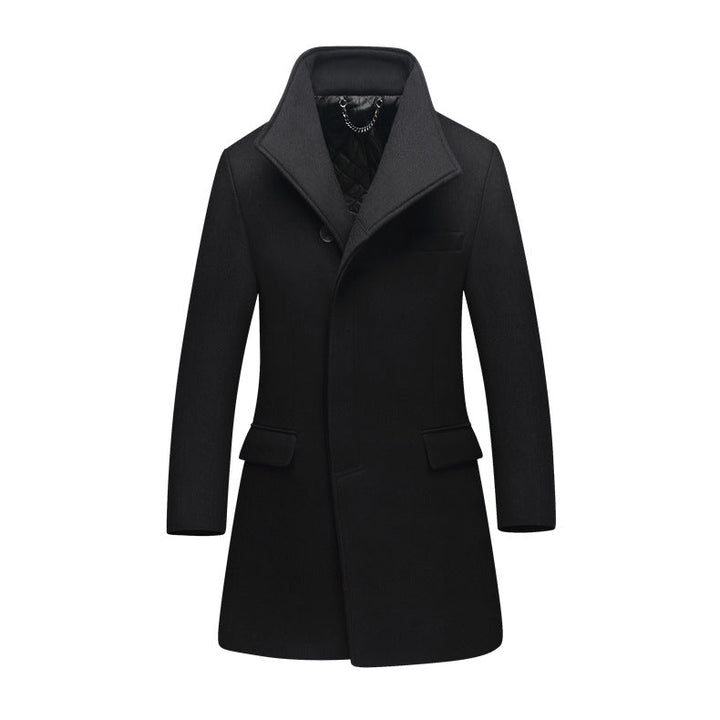 Herr Smal Ull Blandning Overcoat med Hög Ståkrage och Quiltad Termisk Foder