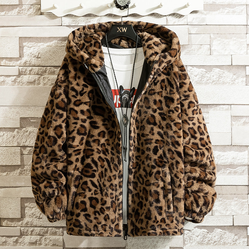 Dam Cuddly Fleece Jacka med Leopard Mönster och Huva
