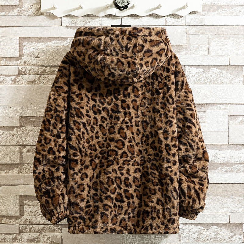 Dam Cuddly Fleece Jacka med Leopard Mönster och Huva