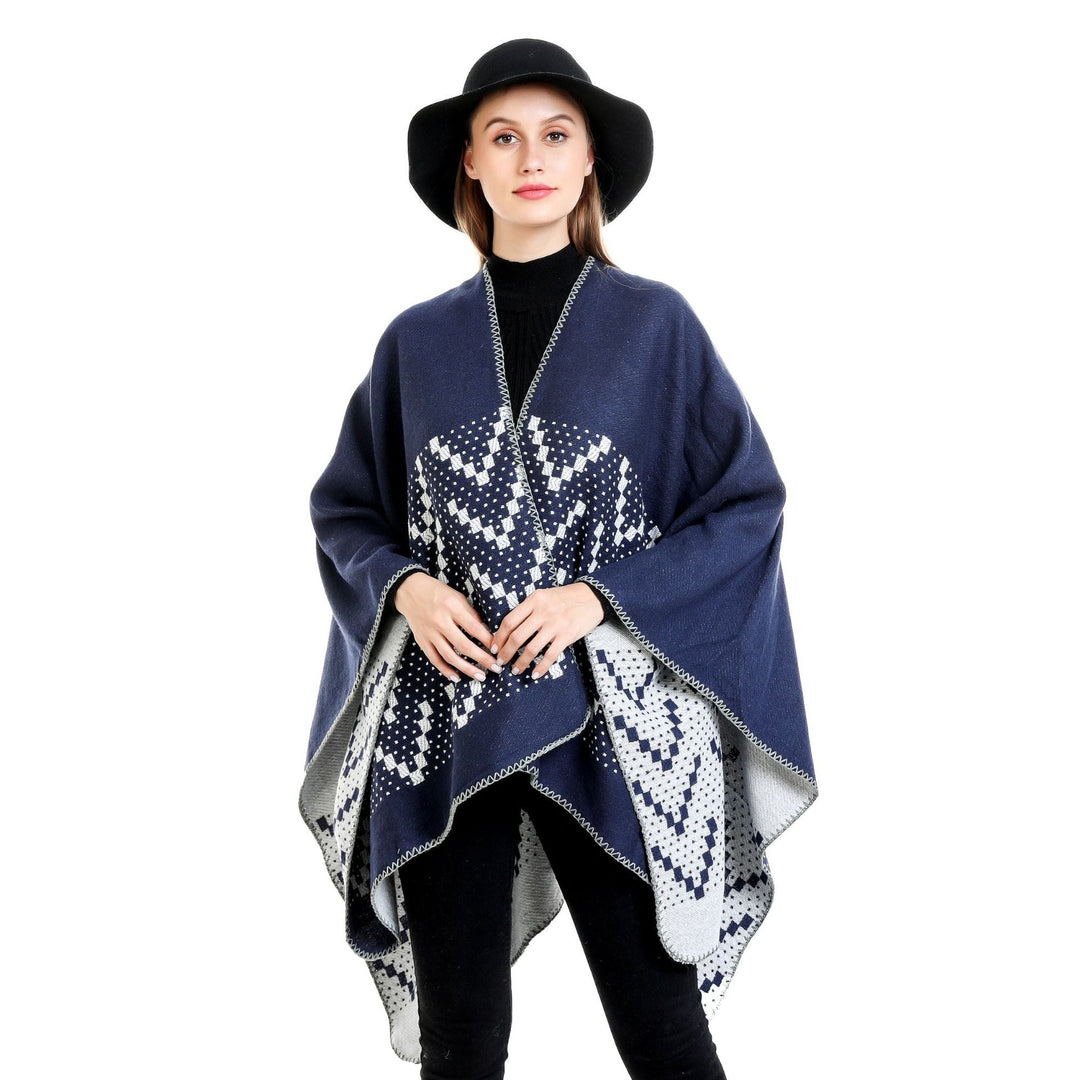Dam jacquard wrap ruana med geometric mönster och open kimono silhuett