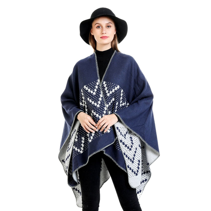 Dam jacquard wrap ruana med geometric mönster och open kimono silhuett