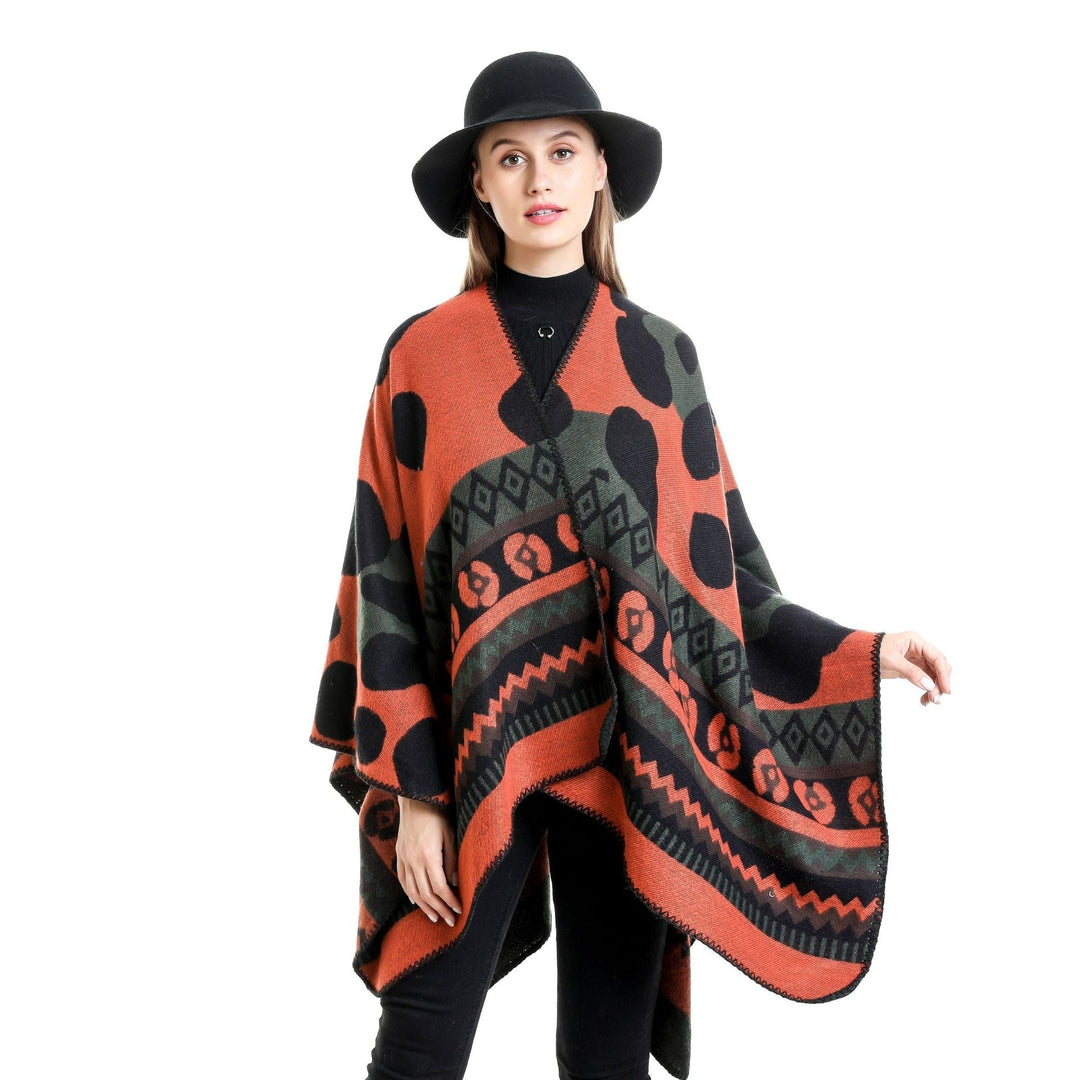 Dam Jacquard Ruana poncho med Ethno Jacquard och open oversized fall