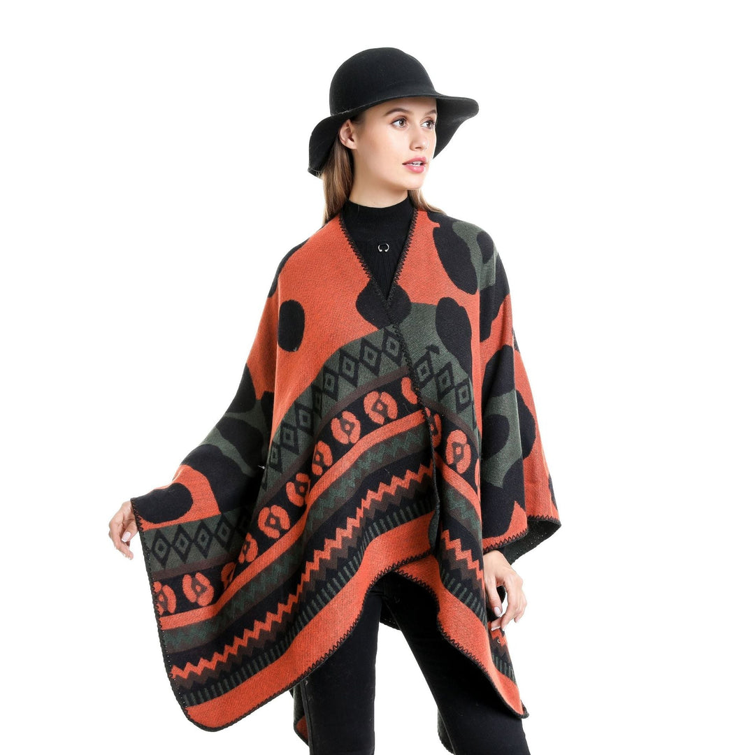 Dam Jacquard Ruana poncho med Ethno Jacquard och open oversized fall