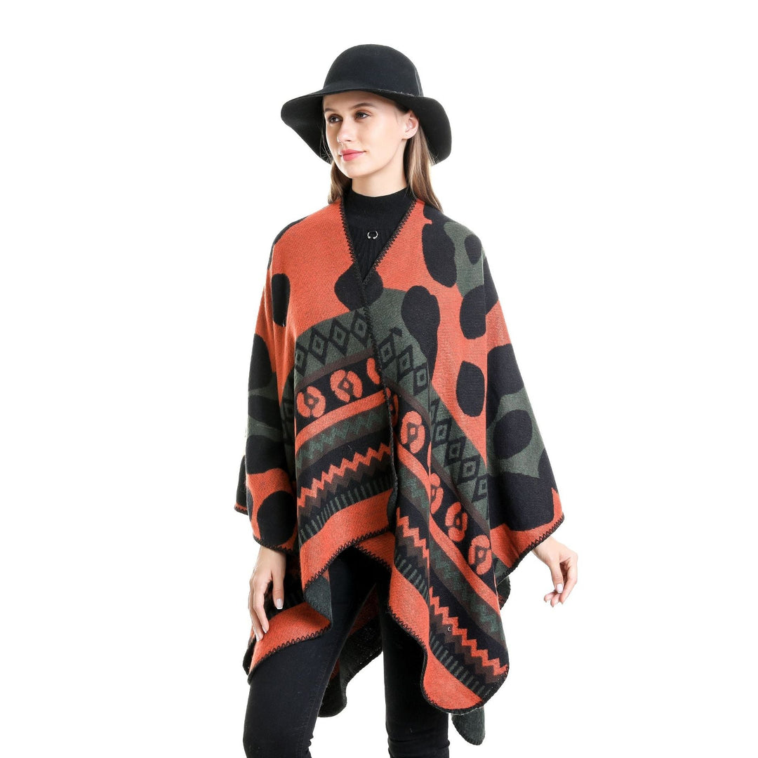 Dam Jacquard Ruana poncho med Ethno Jacquard och open oversized fall