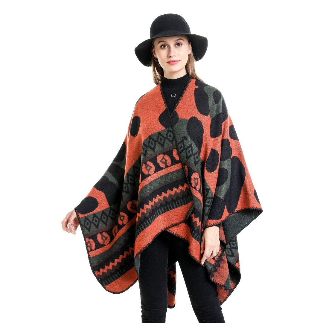 Dam Jacquard Ruana poncho med Ethno Jacquard och open oversized fall