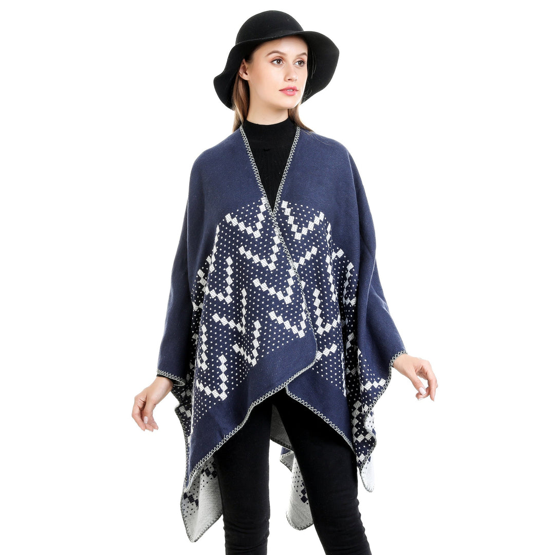 Dam jacquard wrap ruana med geometric mönster och open kimono silhuett