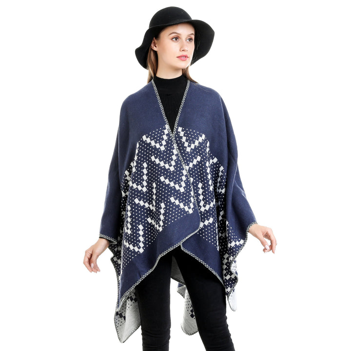 Dam jacquard wrap ruana med geometric mönster och open kimono silhuett