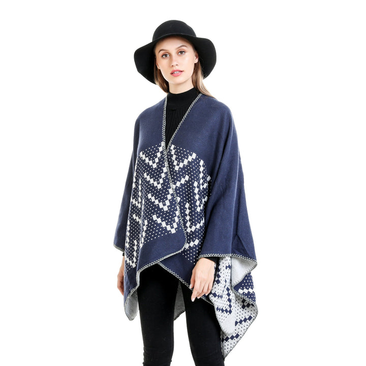 Dam jacquard wrap ruana med geometric mönster och open kimono silhuett