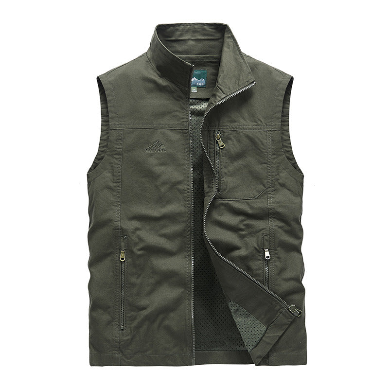 Herr Sleeveless Lätt Canvas Utility Väst med Andningsbar Mesh Foder, Wind-Resistant Fram, och Flera Zippered Fickor