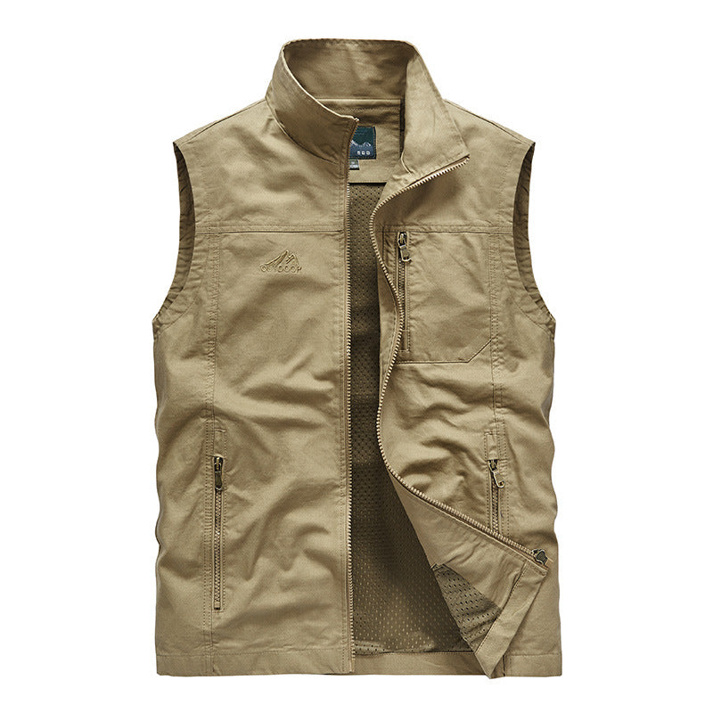 Herr Sleeveless Lätt Canvas Utility Väst med Andningsbar Mesh Foder, Wind-Resistant Fram, och Flera Zippered Fickor