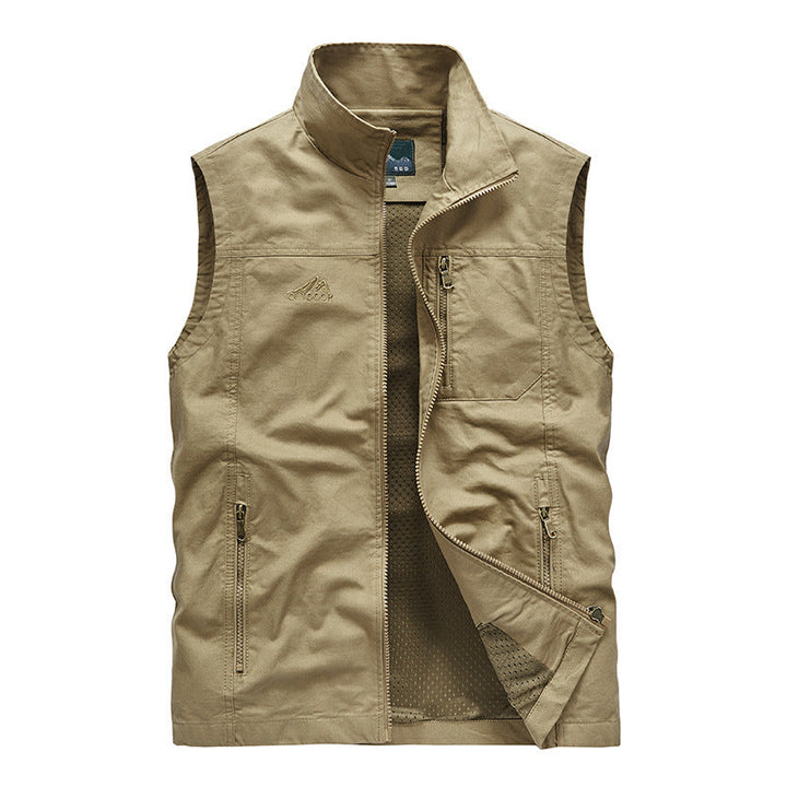 Herr Sleeveless Lätt Canvas Utility Väst med Andningsbar Mesh Foder, Wind-Resistant Fram, och Flera Zippered Fickor