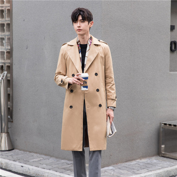 Herr Elegant Knälång Trench Kappa Tillverkad av Lätt Funktionell Tyg med Midja Bälte