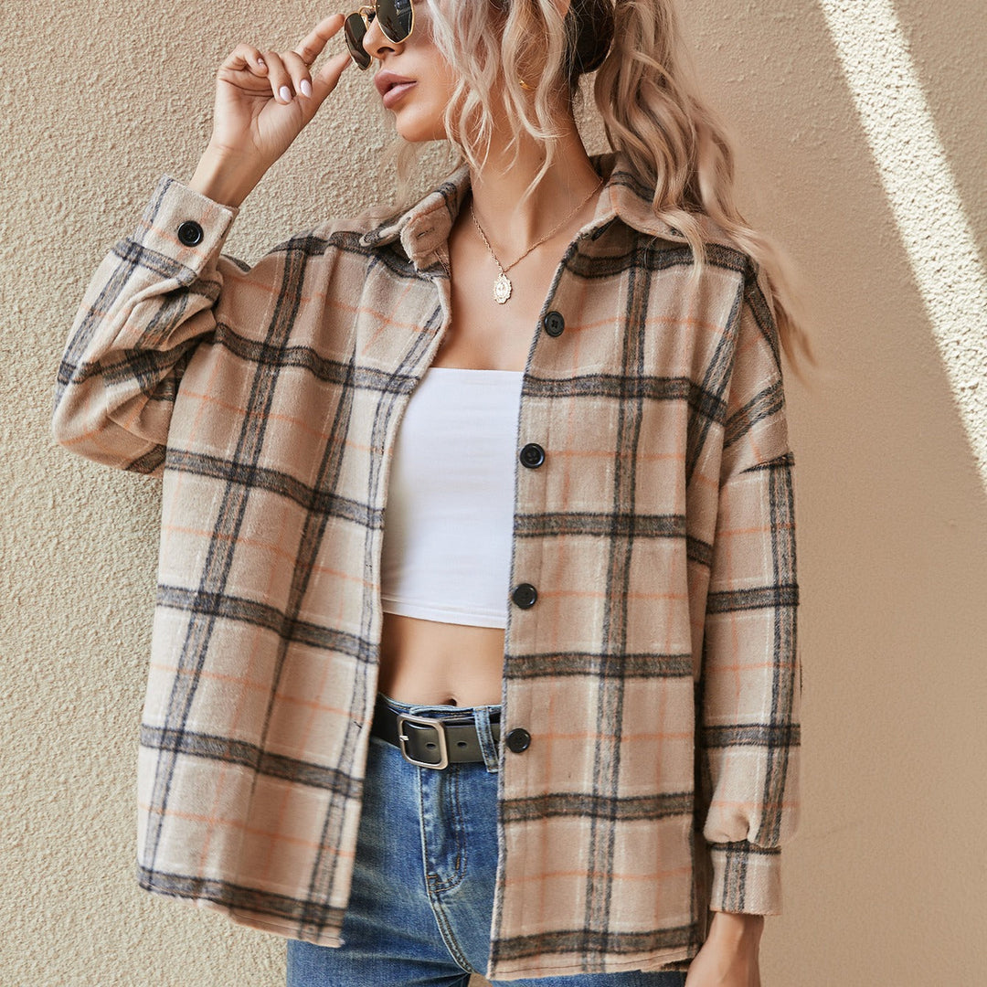 Dam oversized rutig Shirt jacka tillverkad av Brushed Flannel med knäppning