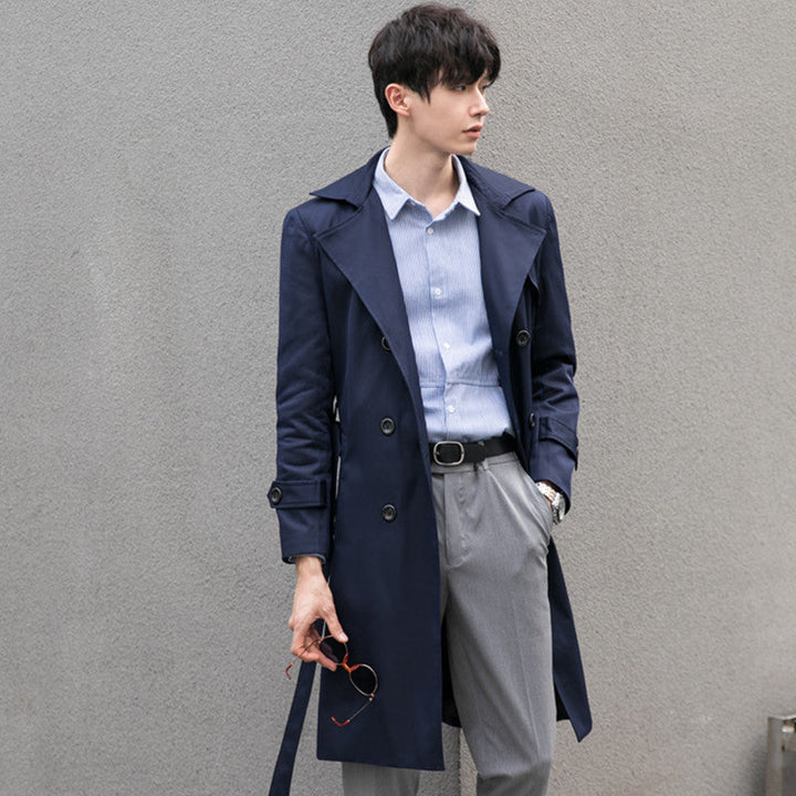 Herr Elegant Figurnära Trench Kappa med Dubbel Knapp Slå och Tie Bälte