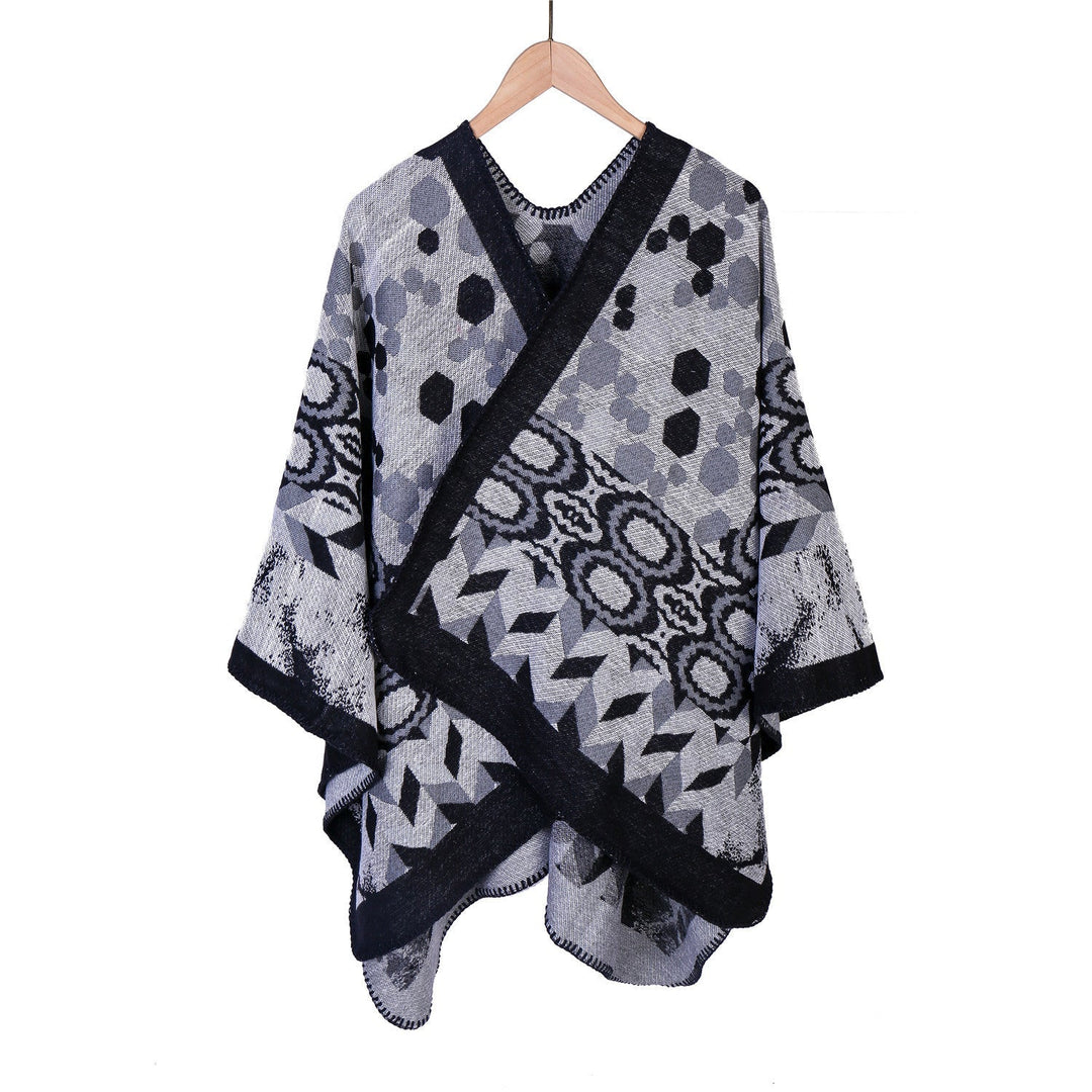 Dam Mönstrad jacquard ruana overlay med V-neck och overlock seam