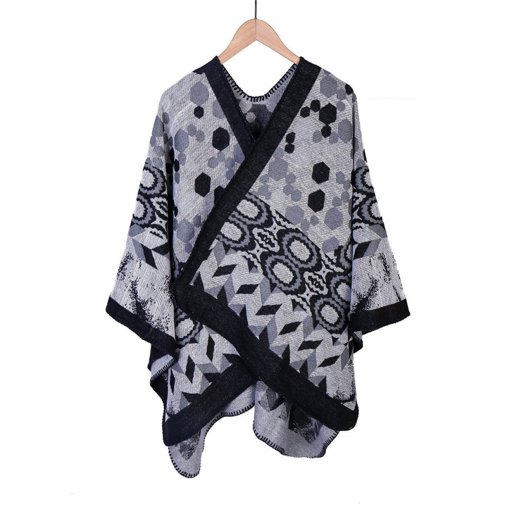 Dam Mönstrad jacquard ruana overlay med V-neck och overlock seam