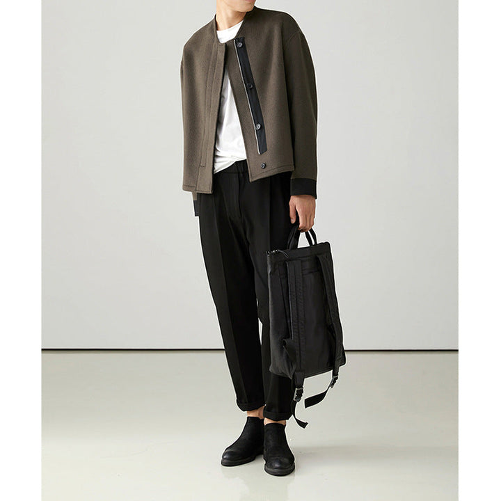 Herr Kort Jacka i Boxig Skärning Tillverkad av Ullblandning med Asymmetrical Dragkedja och Knapp Slå