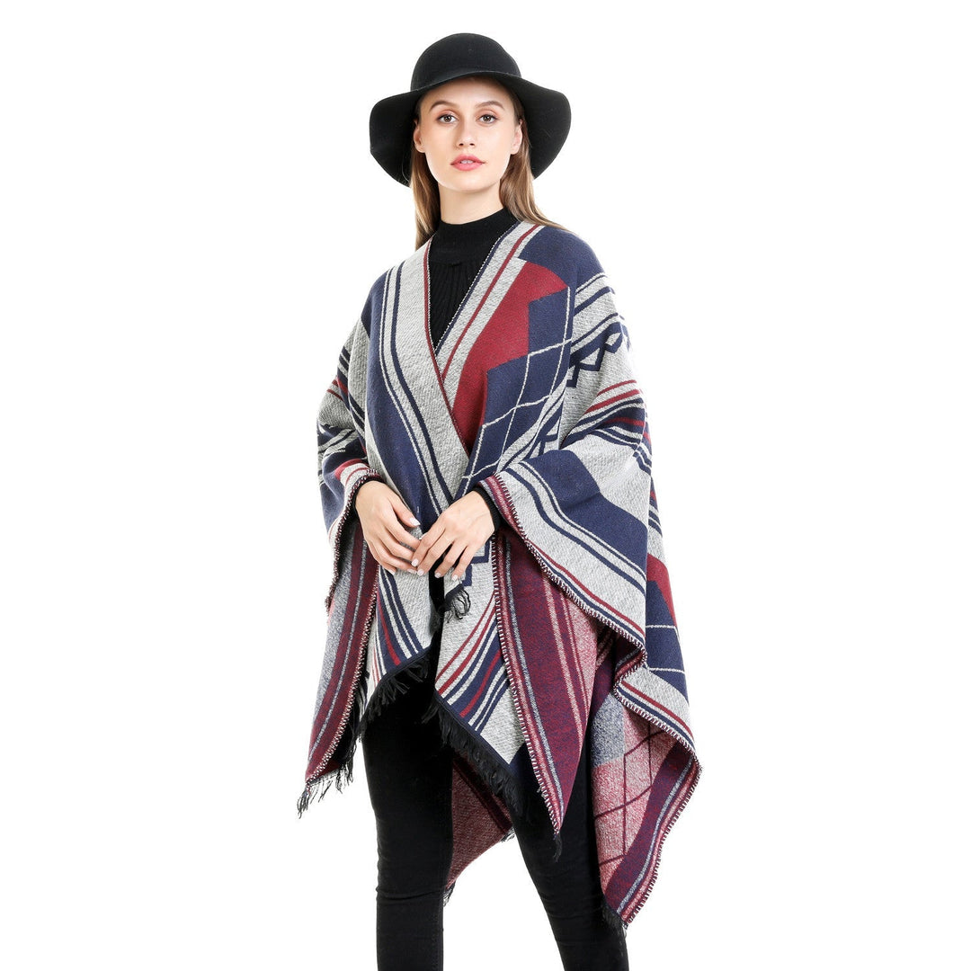Dam Jacquard Ruana i oversized kimono med Fringes och Geometric mönster